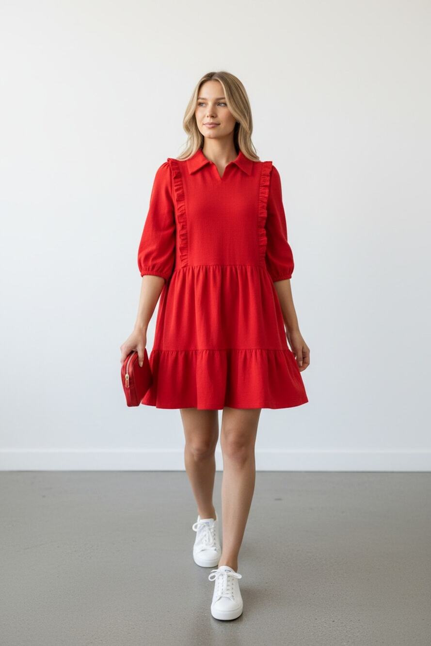 Umgee NWT Red Babydoll Mini Dress Ruffle Collar Cotton Sz L